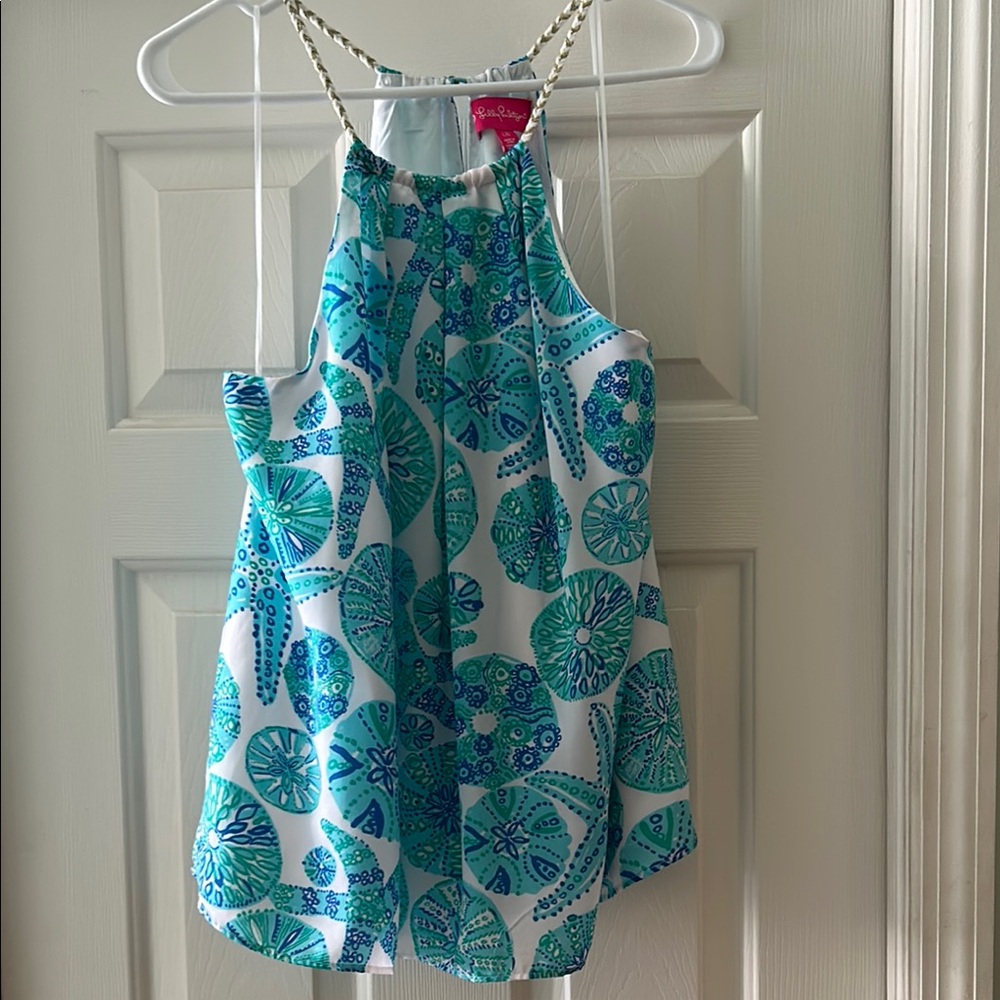 Lilly Pulitzer sand dollar and starfish Turquoise and White Halter Top